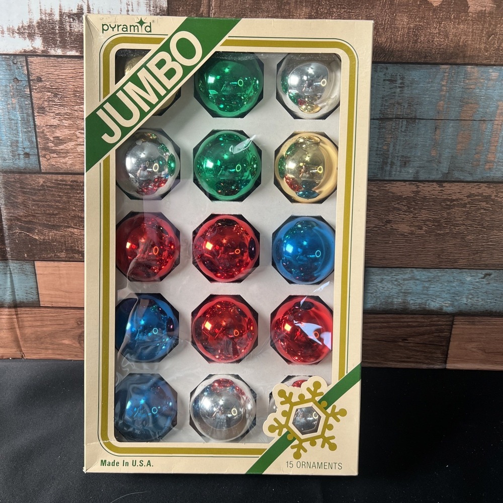 Vtg Pyramid Jumbo‎ Multi Color Glass Christmas Ornaments 15ct Sta-Tite Cap - USA